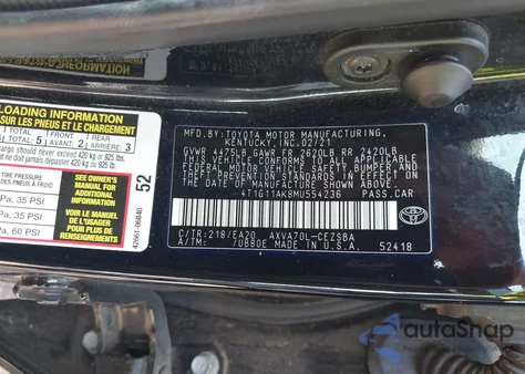 2021 Toyota Camry Se from USA, damaged, VIN 4T1G11AK8MU554236